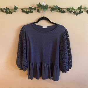 Altar'd State Large Navy Striped Pullover Top with Balloon Lace Sleeves
